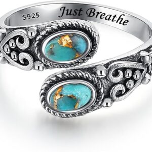 Adjustable Turquoise Rings for Women 925 Sterling Silver Spoon Ring Vintage Heart Vine Statement Ring Personalized Jewelry Gifts Size 6-8 - Image 1