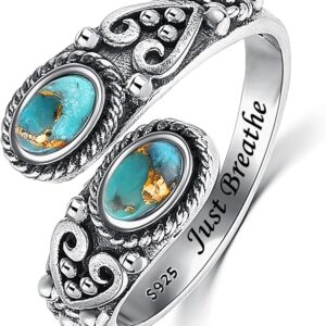 Adjustable Turquoise Rings for Women 925 Sterling Silver Spoon Ring Vintage Heart Vine Statement Ring Personalized Jewelry Gifts Size 6-8 - Image 2